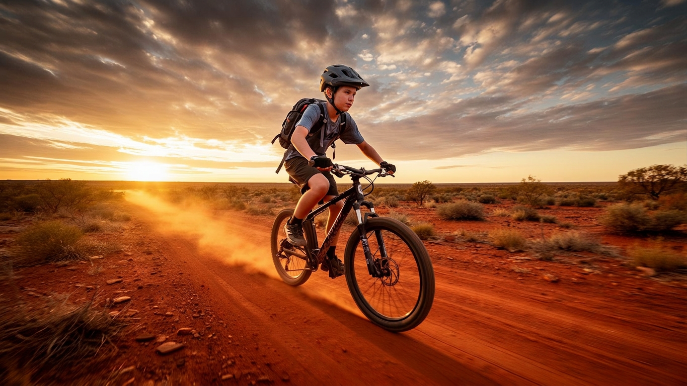 Teenager riding a mountain bike on a dusty trail at golden hour near Whyalla
